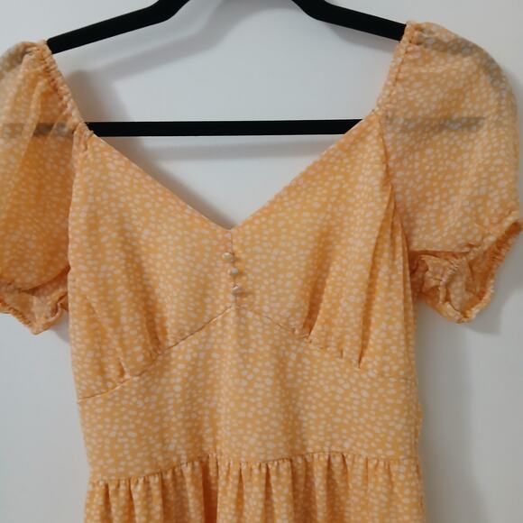 Mimi Chica Yellow Polka Dot Midi Dress S Puff Sleeve Tiered Cottagecore Milkmaid - Picture 3 of 9